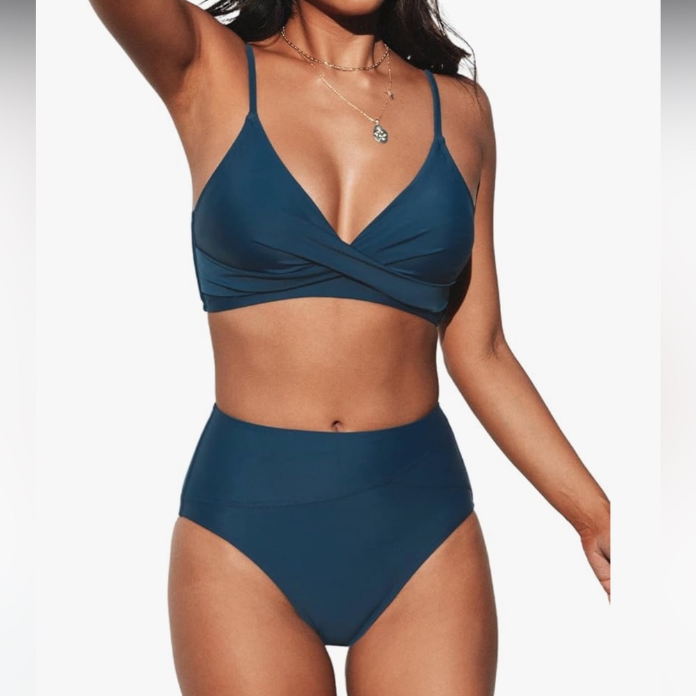 CUPSHE Dark Blue high waisted bikini set